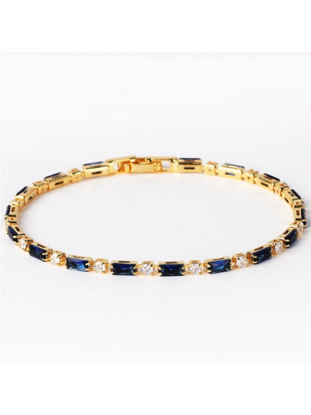 Gold Tennis Bracelet with Blue and Clear Stones - Women's Jewelry